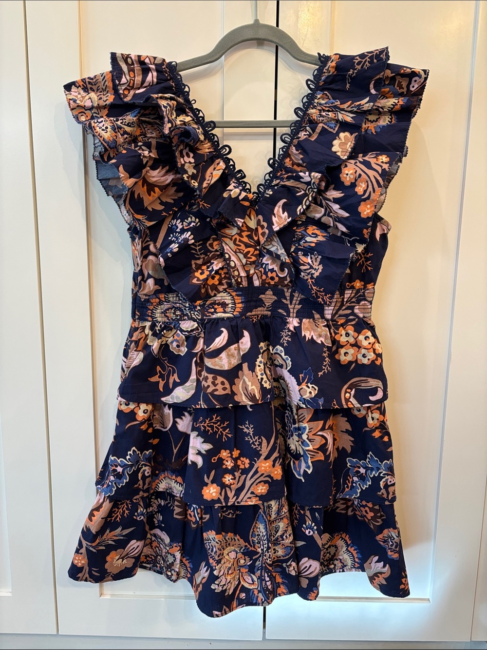 Pockets!! Anthropologie Navy Floral Ruffled Tiered Mini Dress